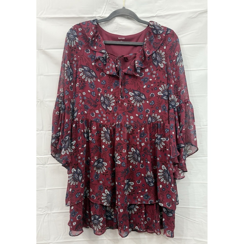 kensie Women's M Maroon Floral Printed Chiffon Dress‎ Layered Ruffles